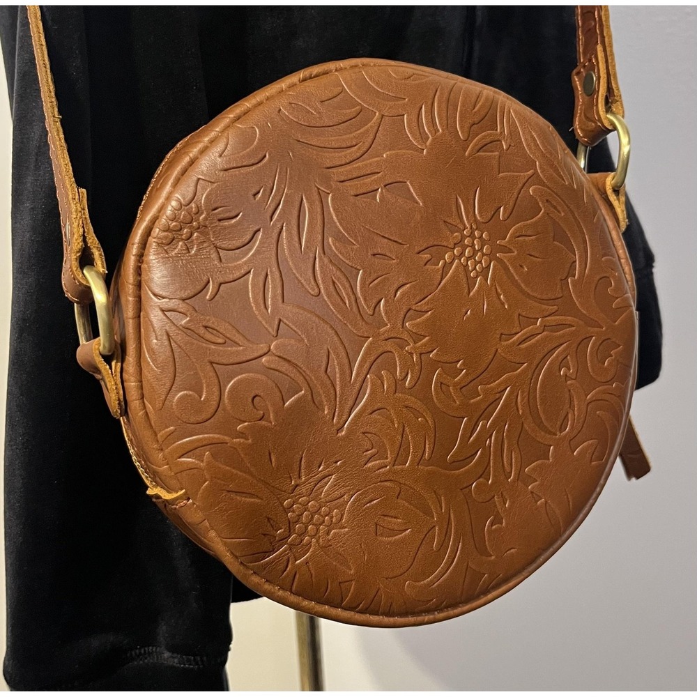 Portland Leather Goods Crossbody Bag Womens Small Brown Floral Tooled Round - Picture 8 of 13